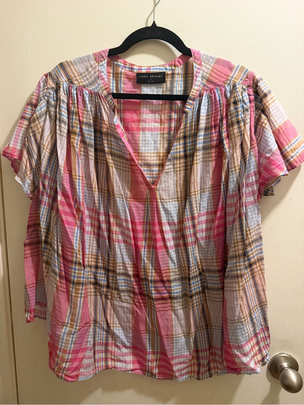 Lane Bryant Pink Plaid V-Neck Short Sleeve Top - 20
